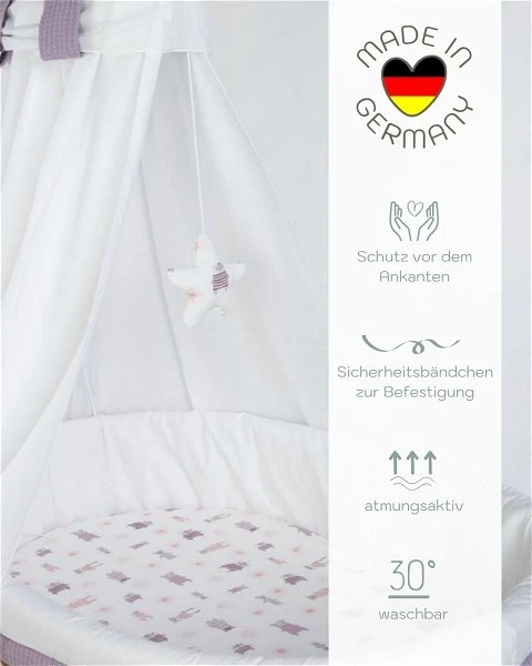 Mionido Stubenwagen Maxi Natur Pyjamabär Flieder Mit Garnierung, Matratze Und Matratzenbezug 4 Mionido Stubenwagen Maxi Natur Pyjamabär Flieder Mit Garnierung, Matratze Und Matratzenbezug – Bild 4