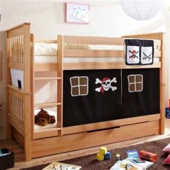 Ticaa Sammy Etagenbett Buche Natur Massivholz - Vorhang-Dessin Wählbar