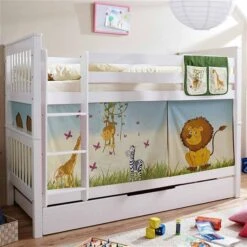 Ticaa Sammy Etagenbett Buche Weiß Massivholz - Vorhang-Dessin Wählbar