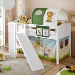 Ticaa Ekki Podestbett Mit Rutsche Kiefer Weiß Massivholz - Vorhang-Dessin Wählbar