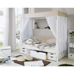 Ticaa Himmelbett Stern Beige Kiefer Weiß Inkl. Regalelement & Tüll-Textilien - 90 X 200 Cm