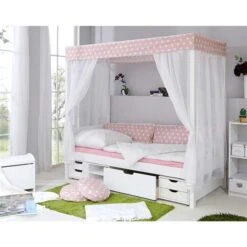 Ticaa Himmelbett Stern Rosa Kiefer Weiß Inkl. Regalelement & Tüll-Textilien - 90 X 200 Cm