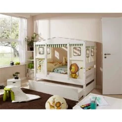 Ticaa Hausbett MINI Safari Kiefer Inkl. Bettkasten Weiß Massivholz - Dessin: Safari - 80 X 160 Cm