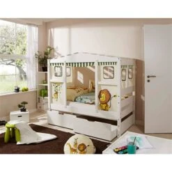 Ticaa Hausbett MINI Safari Kiefer 2 Schubkästen Weiß Massivholz - Dessin: Safari - 80 X 160 Cm