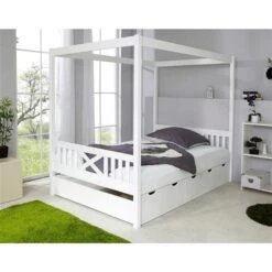 Ticaa Himmelbett Lino Kiefer Weiß - 5 Schubkästen Massivholz - 140 X 200 Cm