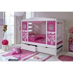 Ticaa Hausbett Horse Rosa Kiefer Weiß Schubkästen Massivholz - Dessin: Horse Rosa