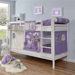 Ticaa Rene Etagenbett Buche Weiß A1 Massivholz - Vorhang-Dessin Wählbar