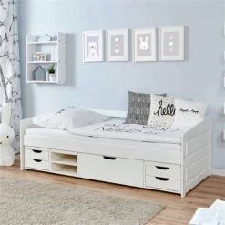 Ticaa Sofabett MINI Micki 3er Funktionsschubkasten Buche Weiß Massivholz - 80x160 Cm - Inkl. Matratze