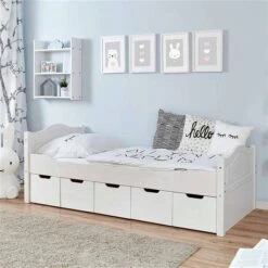 Ticaa Einzelbett Leni Weiß Mit 5er Schubkästen Massivholz - 100x200 Cm