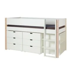 Manis-h Halbhohes Bett ARN 90x200 Cm Pfosten Buche Inkl. Kommoden & Regal - 20 Farben Wählbar