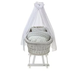 Alvi Birthe Stubenwagen Weiß Komplettset BIO Matratze, Himmelstange & Garnitur Drifting Leaves