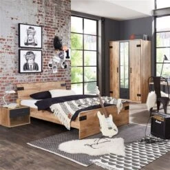 Wimex Liverpool Jugendzimmer 3-teilig Schrank 3-türig Bett 120cm Plankeneiche / Graphit