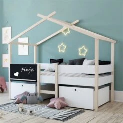 Nature Kid Finja Hausbett Weiß / Natur Mit 2 Schubkästen, Liegefläche 90 X 200 Cm
