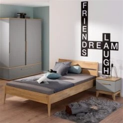 Paidi Sten Jugendzimmer Schiefergrau/Eiche Massiv Mit Breitem Schiebetürenschrank, Zum Aktionspreis