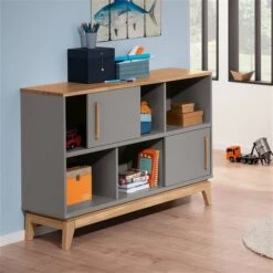 Paidi Sten Sideboard 6 Fächer, 2 Schiebetüren Schiefergrau/Eiche Massiv