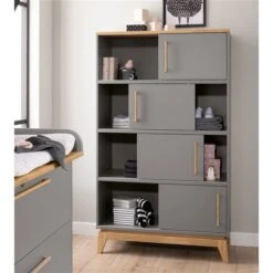 Paidi Sten Standregal 8 Fächer, 4 Schiebetüren Schiefergrau/Eiche Massiv