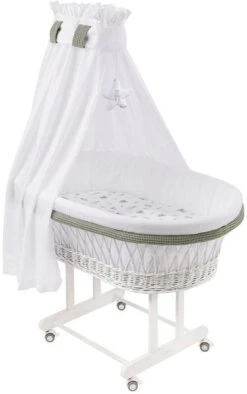 Mionido Stubenwagen Maxi Weiß Pyjamabär Grün Mit Garnierung, Matratze Und Matratzenbezug